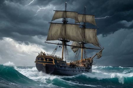 Experience the thrill of adventure in a dramatic photo capturing a majestic sailboat navigating stormy seas a testament to courage and resilience amidst nature fury.の素材