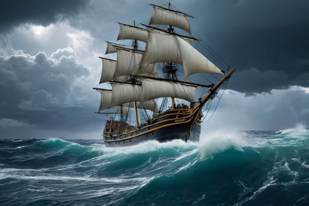 Experience the thrill of adventure in a dramatic photo capturing a majestic sailboat navigating stormy seas a testament to courage and resilience amidst nature fury.の素材