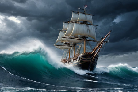 Experience the thrill of adventure in a dramatic photo capturing a majestic sailboat navigating stormy seas a testament to courage and resilience amidst nature fury.の素材