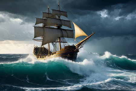 Experience the thrill of adventure in a dramatic photo capturing a majestic sailboat navigating stormy seas a testament to courage and resilience amidst nature fury.の素材