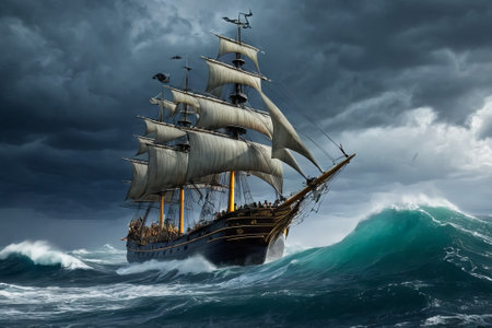 Experience the thrill of adventure in a dramatic photo capturing a majestic sailboat navigating stormy seas a testament to courage and resilience amidst nature fury.の素材