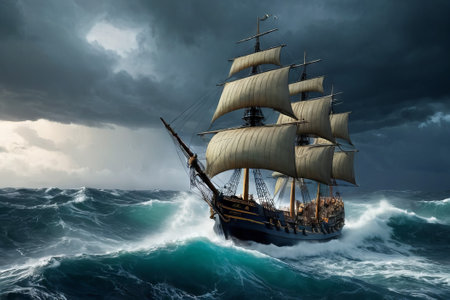 Experience the thrill of adventure in a dramatic photo capturing a majestic sailboat navigating stormy seas a testament to courage and resilience amidst nature fury.の素材