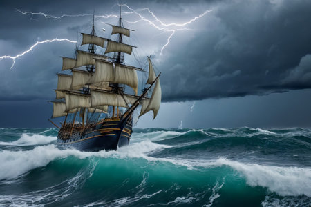 Experience the thrill of adventure in a dramatic photo capturing a majestic sailboat navigating stormy seas a testament to courage and resilience amidst nature fury.の素材