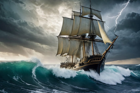 Experience the thrill of adventure in a dramatic photo capturing a majestic sailboat navigating stormy seas a testament to courage and resilience amidst nature fury.の素材