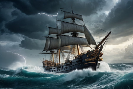 Experience the thrill of adventure in a dramatic photo capturing a majestic sailboat navigating stormy seas a testament to courage and resilience amidst nature fury.の素材