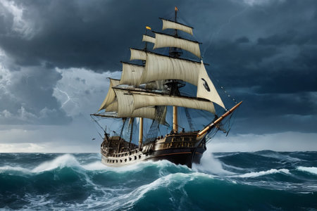 Experience the thrill of adventure in a dramatic photo capturing a majestic sailboat navigating stormy seas a testament to courage and resilience amidst nature fury.の素材