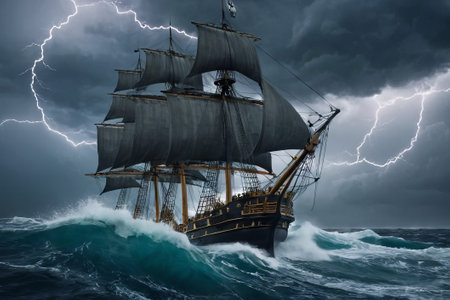 Experience the thrill of adventure in a dramatic photo capturing a majestic sailboat navigating stormy seas a testament to courage and resilience amidst nature fury.の素材