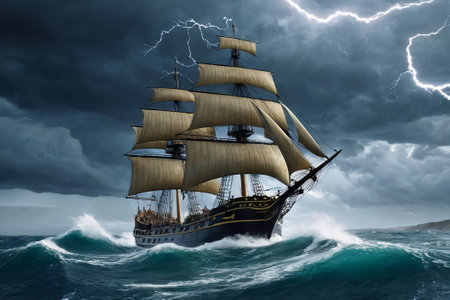 Experience the thrill of adventure in a dramatic photo capturing a majestic sailboat navigating stormy seas a testament to courage and resilience amidst nature fury.の素材