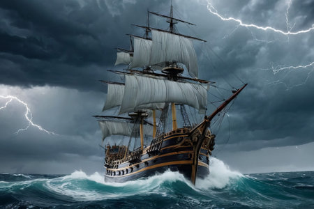 Experience the thrill of adventure in a dramatic photo capturing a majestic sailboat navigating stormy seas a testament to courage and resilience amidst nature fury.の素材