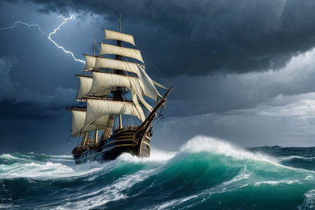 Experience the thrill of adventure in a dramatic photo capturing a majestic sailboat navigating stormy seas a testament to courage and resilience amidst nature fury.の素材