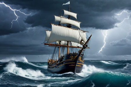 Experience the thrill of adventure in a dramatic photo capturing a majestic sailboat navigating stormy seas a testament to courage and resilience amidst nature fury.の素材
