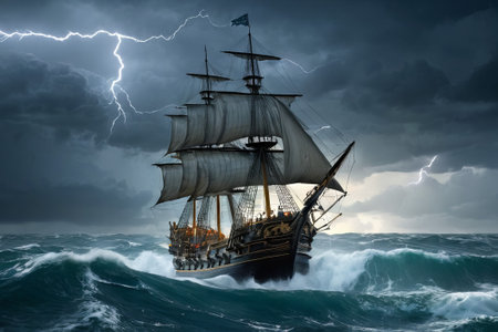 Experience the thrill of adventure in a dramatic photo capturing a majestic sailboat navigating stormy seas a testament to courage and resilience amidst nature fury.の素材