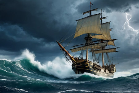 Experience the thrill of adventure in a dramatic photo capturing a majestic sailboat navigating stormy seas a testament to courage and resilience amidst nature fury.の素材
