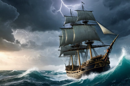 Experience the thrill of adventure in a dramatic photo capturing a majestic sailboat navigating stormy seas a testament to courage and resilience amidst nature fury.の素材