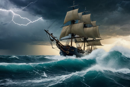 Experience the thrill of adventure in a dramatic photo capturing a majestic sailboat navigating stormy seas a testament to courage and resilience amidst nature fury.の素材