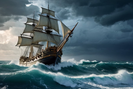 Experience the thrill of adventure in a dramatic photo capturing a majestic sailboat navigating stormy seas a testament to courage and resilience amidst nature fury.の素材