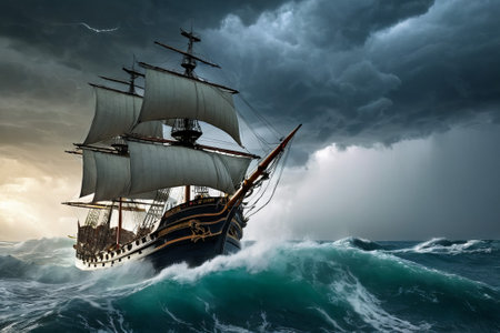 Experience the thrill of adventure in a dramatic photo capturing a majestic sailboat navigating stormy seas a testament to courage and resilience amidst nature fury.の素材