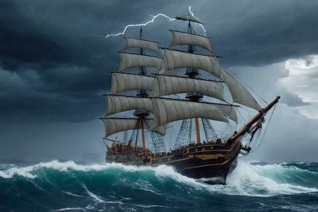 Experience the thrill of adventure in a dramatic photo capturing a majestic sailboat navigating stormy seas a testament to courage and resilience amidst nature fury.の素材