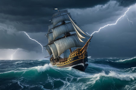 Experience the thrill of adventure in a dramatic photo capturing a majestic sailboat navigating stormy seas a testament to courage and resilience amidst nature fury.の素材