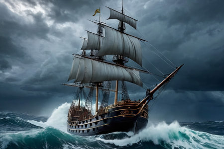 Experience the thrill of adventure in a dramatic photo capturing a majestic sailboat navigating stormy seas a testament to courage and resilience amidst nature fury.の素材