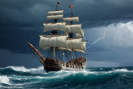 Experience the thrill of adventure in a dramatic photo capturing a majestic sailboat navigating stormy seas a testament to courage and resilience amidst nature fury.の素材