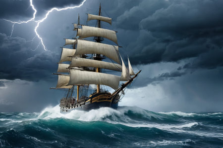 Experience the thrill of adventure in a dramatic photo capturing a majestic sailboat navigating stormy seas a testament to courage and resilience amidst nature fury.の素材