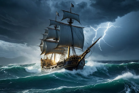 Experience the thrill of adventure in a dramatic photo capturing a majestic sailboat navigating stormy seas a testament to courage and resilience amidst nature fury.の素材