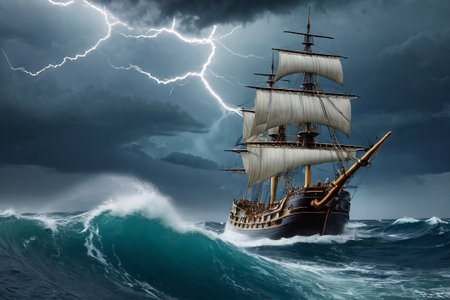 Experience the thrill of adventure in a dramatic photo capturing a majestic sailboat navigating stormy seas a testament to courage and resilience amidst nature fury.の素材