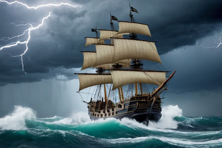 Experience the thrill of adventure in a dramatic photo capturing a majestic sailboat navigating stormy seas a testament to courage and resilience amidst nature fury.の素材