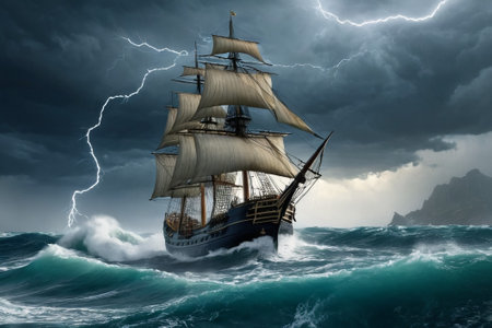 Experience the thrill of adventure in a dramatic photo capturing a majestic sailboat navigating stormy seas a testament to courage and resilience amidst nature fury.の素材