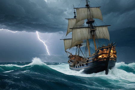 Experience the thrill of adventure in a dramatic photo capturing a majestic sailboat navigating stormy seas a testament to courage and resilience amidst nature fury.の素材