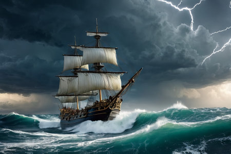 Experience the thrill of adventure in a dramatic photo capturing a majestic sailboat navigating stormy seas a testament to courage and resilience amidst nature fury.の素材