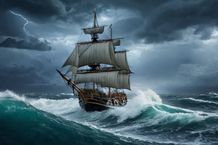 Experience the thrill of adventure in a dramatic photo capturing a majestic sailboat navigating stormy seas a testament to courage and resilience amidst nature fury.の素材