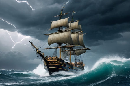 Experience the thrill of adventure in a dramatic photo capturing a majestic sailboat navigating stormy seas a testament to courage and resilience amidst nature fury.の素材