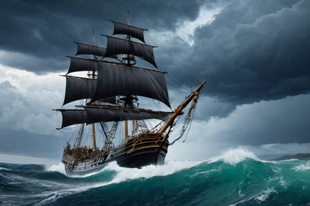 Experience the thrill of adventure in a dramatic photo capturing a majestic sailboat navigating stormy seas a testament to courage and resilience amidst nature fury.の素材