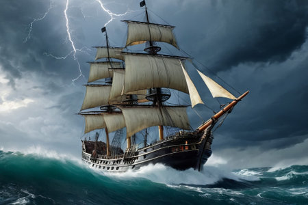 Experience the thrill of adventure in a dramatic photo capturing a majestic sailboat navigating stormy seas a testament to courage and resilience amidst nature fury.の素材