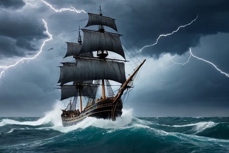 Experience the thrill of adventure in a dramatic photo capturing a majestic sailboat navigating stormy seas a testament to courage and resilience amidst nature fury.の素材