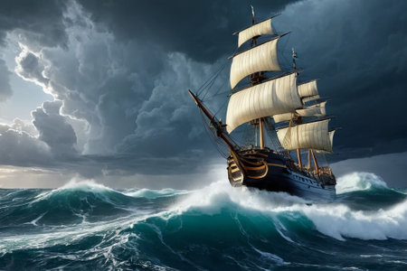 Experience the thrill of adventure in a dramatic photo capturing a majestic sailboat navigating stormy seas a testament to courage and resilience amidst nature fury.の素材