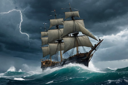 Experience the thrill of adventure in a dramatic photo capturing a majestic sailboat navigating stormy seas a testament to courage and resilience amidst nature fury.の素材