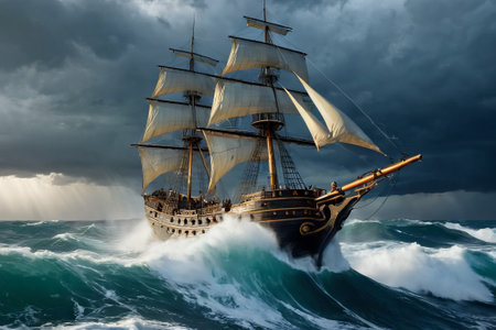 Experience the thrill of adventure in a dramatic photo capturing a majestic sailboat navigating stormy seas a testament to courage and resilience amidst nature fury.の素材