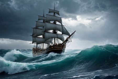 Experience the thrill of adventure in a dramatic photo capturing a majestic sailboat navigating stormy seas a testament to courage and resilience amidst nature fury.の素材
