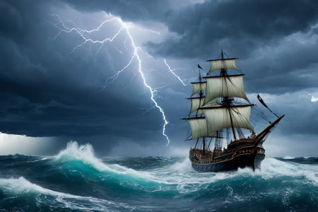 Experience the thrill of adventure in a dramatic photo capturing a majestic sailboat navigating stormy seas a testament to courage and resilience amidst nature fury.の素材