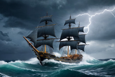 Experience the thrill of adventure in a dramatic photo capturing a majestic sailboat navigating stormy seas a testament to courage and resilience amidst nature fury.の素材