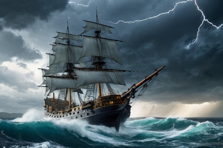 Experience the thrill of adventure in a dramatic photo capturing a majestic sailboat navigating stormy seas a testament to courage and resilience amidst nature fury.の素材