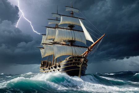 Experience the thrill of adventure in a dramatic photo capturing a majestic sailboat navigating stormy seas a testament to courage and resilience amidst nature fury.の素材