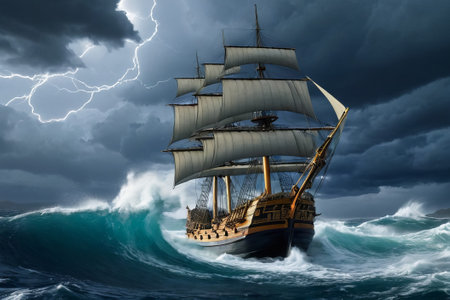 Experience the thrill of adventure in a dramatic photo capturing a majestic sailboat navigating stormy seas a testament to courage and resilience amidst nature fury.の素材
