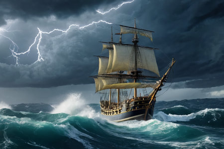 Experience the thrill of adventure in a dramatic photo capturing a majestic sailboat navigating stormy seas a testament to courage and resilience amidst nature fury.の素材