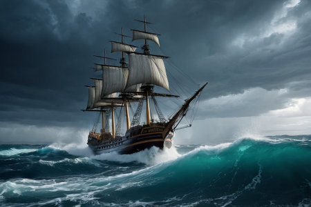 Experience the thrill of adventure in a dramatic photo capturing a majestic sailboat navigating stormy seas a testament to courage and resilience amidst nature fury.の素材