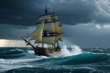 Experience the thrill of adventure in a dramatic photo capturing a majestic sailboat navigating stormy seas a testament to courage and resilience amidst nature fury.の素材