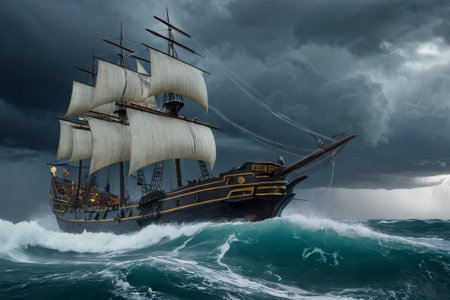 Experience the thrill of adventure in a dramatic photo capturing a majestic sailboat navigating stormy seas a testament to courage and resilience amidst nature fury.の素材